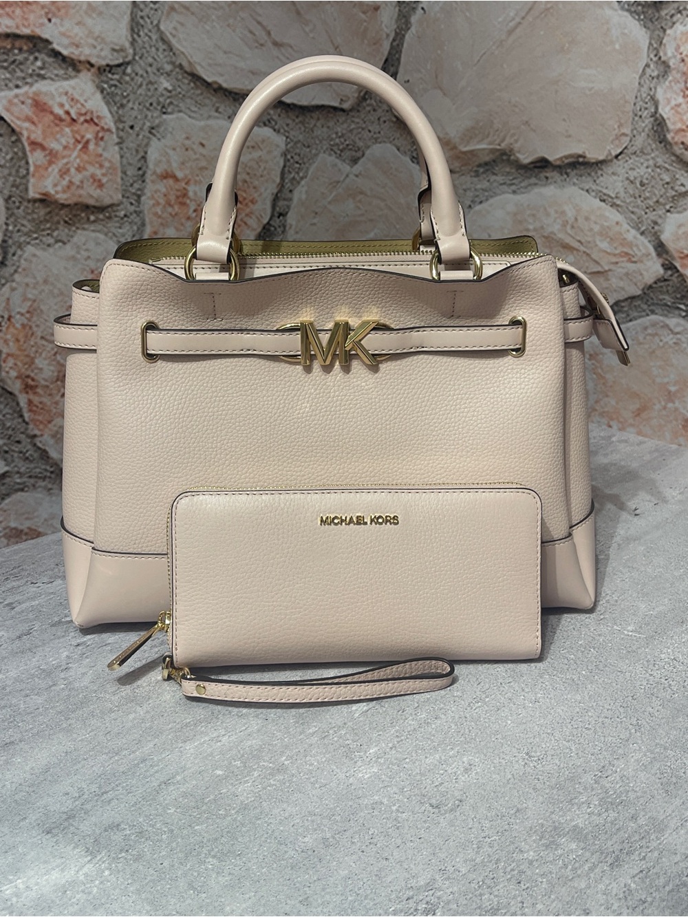Michael Kors Reed Large CZ Belted Satchel & Matching Wallet Powder Blush Pink